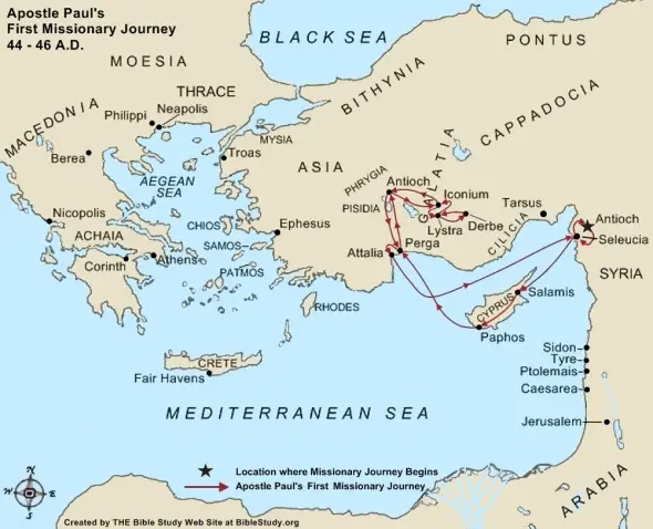 A Picture of the Map of Apostle Paul’s First Missionary Journey